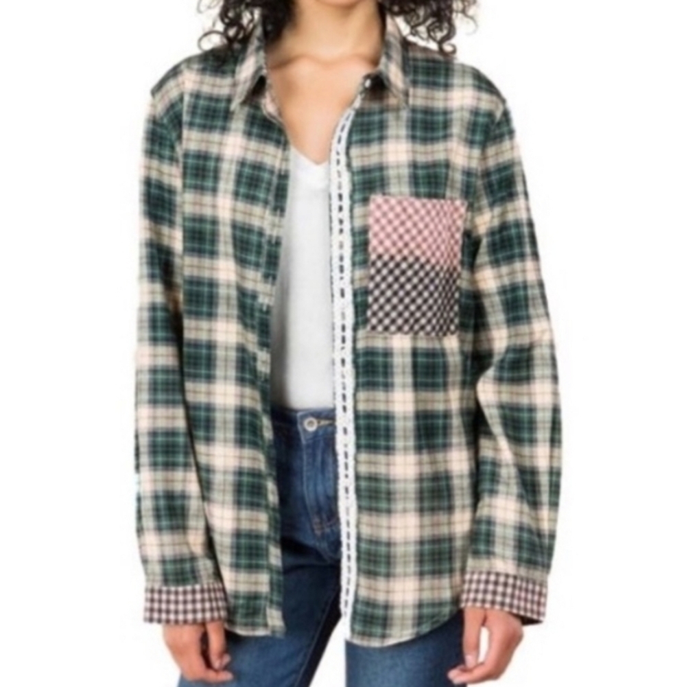 POL Contrast Flannel Plaid Check Lace Button Down Shirt Relaxed Boyfriend Fit M